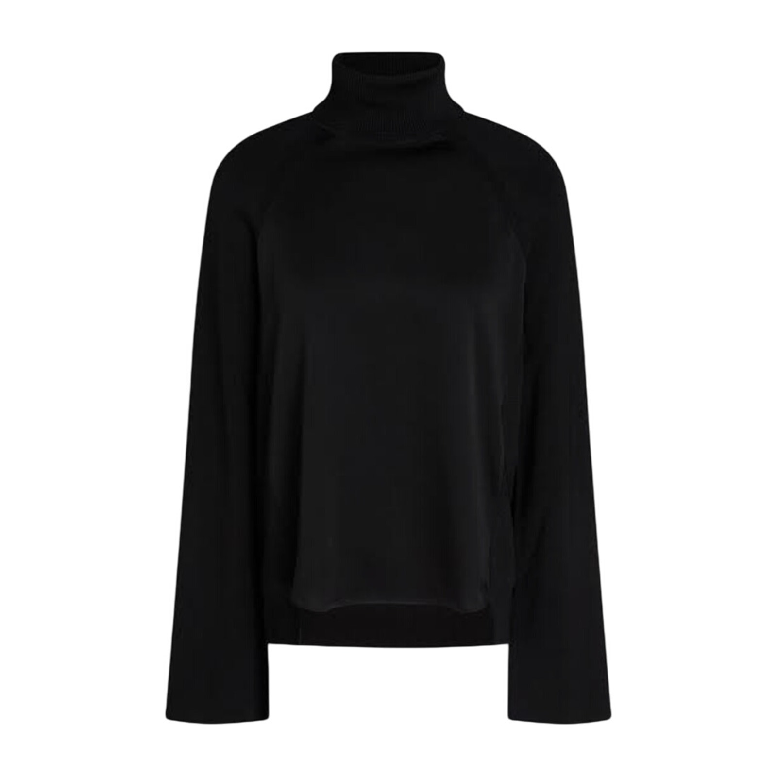 Simkhai Mateo Black Satin Paneled Knitted Turtleneck Bell Sleeve Size Xl